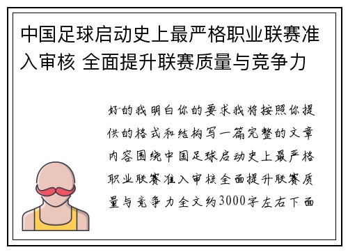 中国足球启动史上最严格职业联赛准入审核 全面提升联赛质量与竞争力